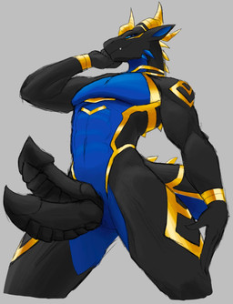 2_penises animal_genitalia animal_penis anthro bedroom_eyes black_body blue_eyes genitals golden_markings hand_on_leg hand_on_thigh hemipenes horn low-angle_view male markings multi_genitalia multi_penis narrowed_eyes penis presenting presenting_penis seductive smile smirk solo striped_markings striped_tail stripes tail tail_markings thick_tail xin_(lewdaesthetics) yellow_horn lewdaesthetics mythology dragon humanoid lizard mythological_creature mythological_scalie reptile scalie hi_res