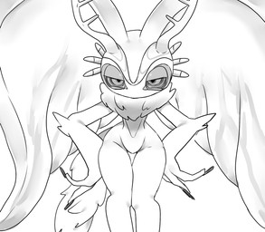 ambiguous_gender anthro antlers chest_tuft disappointed fingernails fluffy fluffy_tail front_view hands_on_hips head_wings horn huge_wings leaning leaning_forward long_fingernails looking_at_viewer looking_down low-angle_view mouthless nails narrowed_eyes neck_tuft pupils solo tail thick_thighs thigh_gap tuft unusual_wing_placement wide_hips wings haiiroinunezumi kirby_(series) kirby_and_the_forgotten_land nintendo fecto_elfilis alien chinchilla chinchillid mammal rodent starling_(kirby) 2022 greyscale hi_res monochrome