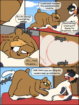 5_panel_comic anthro anthro_on_anthro areola bed belly big_belly big_breasts black_hair blonde_hair blush bodily_fluids breasts butt close-up cloud cum cum_from_ass cum_in_ass cum_in_mouth cum_inflation cum_inflation_progression cum_inside cum_through deep_throat dialogue duo eyebrows eyeliner eyes_closed female freckles full_stomach fur furniture genital_fluids green_eyes guts hair huge_belly huge_breasts immobilization inflation internal intestines looking_at_another looking_pleasured lying lying_on_another lying_on_bed makeup male male/female narrowed_eyes on_back on_bed on_front onomatopoeia open_mouth oral oral_penetration organs penetration penile penile_penetration penis_in_mouth profanity red_bedding short_tail shortstack shortstack_female size_difference sky sound_effects tail text twitching twitching_tail wall_(structure) wood wood_wall lewd_can lemmy_(sapphinarose) paprika_(sapphinarose) calico_cat domestic_cat felid feline felis lagomorph mammal pika face comic digital_media_(artwork) english_description english_text hi_res tagme
