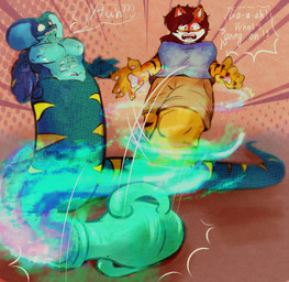 anthro apode black_ear_tips black_stripes blue_body blue_clothing blue_countershading blue_shirt blue_topwear bottomwear breasts brown_hair clothed clothing countershading dipstick_ears duo ear_markings female floating fully_clothed green_bottomwear green_clothing green_shorts hair legless looking_down low-angle_view male mid_transformation motion_lines multicolored_ears nude open_mouth orange_body orange_scales purple_body purple_scales scales serpentine shirt shorts speech_bubble stripes tan_body tan_countershading tan_inner_ear text topwear transformation vase wide_eyed yellow_body yellow_scales porteryx dinic tori_taxel draconcopode felid genie mammal naga pantherine reptile scalie snake snake_naga tiger 2026 absurd_res english_text hi_res