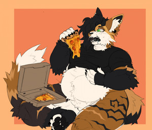 5_fingers anthro belly black_claws black_eyebrows black_hair black_nose black_tongue bodily_fluids border bottomless box claws clothed clothing container dipstick_tail drooling ear_piercing eyebrows facial_piercing featureless_crotch fingers food fur green_eyes hair holding_food holding_object inner_ear_fluff male markings multicolored_body multicolored_fur nose_piercing nose_ring orange_background orange_body orange_border orange_fur overweight overweight_anthro overweight_male piercing pizza pizza_box ring_piercing saliva sharp_teeth shirt simple_background solo tail tail_markings teeth tongue topwear tuft white_inner_ear_fluff stardustkitchen domestic_cat felid feline felis mammal hi_res