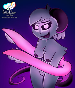 anthro areola bedroom_eyes black_sclera breasts chest_tuft female fluffy fur genitals glowing glowing_eyes glowing_tentacles gradient_background hair logo long_tail looking_at_viewer narrowed_eyes nipples nude nude_female open_mouth open_smile purple_areola purple_background purple_nipples purple_tongue seductive short_hair simple_background smile solo standing tail tentacles text tongue tuft vulva white_body white_eyes white_fur white_hair featherdream reggie_(whygena) demon mammal murid murine rat rodent 2023 artist_logo digital_media_(artwork) english_text hi_res shaded watermark