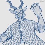 angry anthro arm_tattoo clenched_hands clenched_teeth clothing dress_shirt looking_down male nails open_mouth shirt simple_background solo standing tattoo teeth topwear teaselbone beastars melon_(beastars) antelope bovid felid hybrid mammal 1:1 2025 hi_res