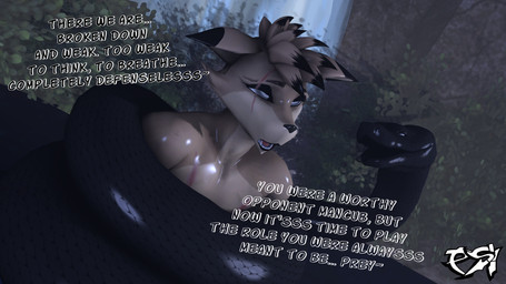 ambiguous_gender anthro black_body black_fur black_highlights black_scales brown_body brown_fur brown_hair chest_scar coiling dialogue duo eye_scar facial_scar feral fur hair highlights_(coloring) hypnosis male mind_control multicolored_body multicolored_fur multicolored_hair nude_anthro nude_male restrained ringed_eyes scales scar text two_tone_body two_tone_fur two_tone_hair psikokinetic warfaremachine_(modeler) psiko_(psikokinetic) canid canine canis jackal mammal reptile scalie snake 16:9 2024 3d_(artwork) 4k absurd_res digital_media_(artwork) english_text hi_res source_filmmaker_(artwork) widescreen