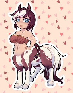 abs blue_eyes bottomless breasts brown_hair clothed clothing eyebrow_through_hair eyebrows feet female hair hands_on_hips heart_symbol hooves looking_at_viewer muscular muscular_female muscular_taur noseless outline pattern_background quadruped simple_background solo split_form standing tail topwear translucent translucent_hair tube_top white_hooves white_outline thecatnamedfish european_mythology greek_mythology mythology abigail_(thecatnamedfish) centaur equid equid_taur humanoid_taur mammal mammal_taur taur 2022 hi_res