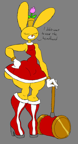 anthro big_butt boots butt clothed clothing cosplay crossdressing crossover_cosplay curvy_figure dress eyelashes eyes_closed femboy footwear fur gloves gold_ring grey_background hammer hand_on_hip handwear high_heeled_boots high_heels male mouthless piko_piko_hammer plant_pot red_boots red_clothing red_dress red_footwear shoes simple_background solo thick_thighs tools white_clothing white_gloves white_handwear wide_hips yellow_body yellow_fur thatdawgmurray fromsoftware sega sonic_the_hedgehog_(series) the_adventures_of_cookie_and_cream amy_rose cookie_(the_adventures_of_cookie_and_cream) lagomorph leporid mammal rabbit crossover hi_res