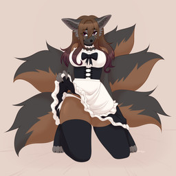 5_fingers 5_tails anthro bangs big_breasts black_claws black_clothing black_legwear black_stockings bottomwear breasts brown_eyes cheek_tuft claws clothing facial_tuft female fingers hair kneeling legwear long_hair maid_uniform multi_tail panties simple_background skirt smile solo stockings tail tuft underwear uniform white_clothing white_panties white_underwear nollya canid canine fox mammal 1:1 colored digital_drawing_(artwork) digital_media_(artwork) hi_res shaded