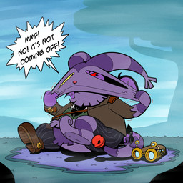 clothing eyewear footwear goggles heterochromia mask_transformation mid_transformation pinata pulling_face purple_body red_sclera shoes shoes_on solo stretching_face transformation twinning yellow_sclera trevor-fox neopets animate_inanimate darigan_neopet living_pinata neopet_(species) skeith 1:1 hi_res
