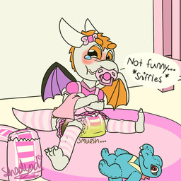 anthro biped blush bodily_fluids bottomwear clothing crying detailed_background dialogue diaper feces genital_fluids male onomatopoeia pacifier plushie scatplay sitting skirt soiled_diaper soiling solo sound_effects speech_bubble tears text unclean_diaper urine used_diaper wet_diaper wetting young young_anthro shadyadi winds 1:1 2021 english_text hi_res