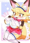 2_tails accessory anthro big_breasts blush blush_lines bodily_fluids bow_ribbon breasts brown_body brown_fur butt cleavage clothed clothing dipstick_ears dress dress_shoes ear_markings eyebrow_through_hair eyebrows eyelashes fangs female frilly frilly_clothing frilly_legwear frilly_thigh_highs fur furgonomics gem gloves_(marking) gradient_background hair hair_accessory hairband hashtag heart_symbol huge_breasts inner_ear_fluff kemono lace legwear looking_down markings multi_tail multicolored_ears open_mouth orange_eyes pink_clothing short_stack simple_background snout solo star_symbol tail tail_accessory tears tears_of_embarrassment teeth text thick_thighs thigh_highs three-quarter_view translucent translucent_hair tuft under_boob welling_tears white_body white_clothing white_fur wide_hips yellow_body yellow_fur inaba31415 mahou_shoujo_full_heart kokon canid canine fox mammal 2025 absurd_res hi_res japanese_text translated