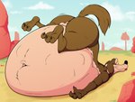 abdominal_bulge ambiguous_gender ambiguous_prey anthro arm_tuft ass_up balls belly belly_tuft big_belly big_butt blue_sky bulge butt claws cloud desert desert_background ear_tuft ears_down elbow_tuft finger_claws genitals grass happy head_tuft knee_tuft leg_tuft looking_away looking_pleasured lying male male_pred motion_lines navel navel_outline navel_tuft obese obese_anthro obese_male on_front overweight overweight_anthro overweight_male pivoted_ears plant rear_view resting_on_belly rock satisfaction satisfied satisfied_look sky small_balls tail tail_tuft terrain toe_claws tongue tongue_out tuft underbelly unseen_prey vore huttsergreywolf looney_tunes warner_brothers wile_e._coyote canid canine canis coyote mammal absurd_res hi_res