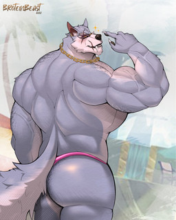 anthro arm_hair back_muscles beach biceps blue_body blue_fur blush body_hair butt butt_hair chain_necklace claws clothed clothing ear_piercing ear_ring eye_scar eyewear facial_scar fangs finger_claws fur hammock jewelry lip_scar looking_at_viewer looking_back male multicolored_body multicolored_fur muscular muscular_male necklace palm_tree pawpads piercing pink_clothing pink_thong pink_underwear plant ring_piercing scar seaside solo sparkles sunglasses teeth text thong thong_only topless tree two_tone_body two_tone_fur underwear underwear_only vein veiny_muscles white_body white_fur yellow_eyes kristof-wulf dislyte lilith_games freddy_(dislyte) canid canine canis mammal wolf 2022 artist_name dated hi_res