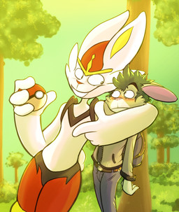 anthro backpack blush buckteeth chokehold duo eye_contact forest headlock long_ears looking_at_another male plant pokeball standard_pokeball teeth tree worried inoby nintendo pokemon cinderace generation_8_pokemon lagomorph leporid mammal pokemon_(species) rabbit hi_res