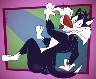 3_toes 4_fingers abstract_background anthro belly big_butt biped black_body black_eyes black_fur bubble_butt butt butt_focus casual_nudity cheek_tuft curled_up curvy_figure dipstick_tail facial_tuft feet fingers fur gesture glance glancing_back glistening glistening_butt gloves_(marking) hand_gesture head_tuft humanoid_heel knees_up leg_markings lines_drawn looking_at_viewer looking_back looking_back_at_viewer male markings nude plantigrade pose raised_finger raised_index_finger rear_view red_nose sitting slightly_chubby slightly_chubby_anthro slightly_chubby_male smile smiling_at_viewer socks_(marking) solo spine tail tail_markings toes tongue tongue_out toony tuft whisker_spots whiskers white_belly white_body white_feet white_fur white_hands white_sclera white_tail_tip wide_hips gavanzude looney_tunes warner_brothers sylvester_(looney_tunes) domestic_cat felid feline felis mammal tuxedo_cat 2025 alternate_version_at_paywall colored digital_drawing_(artwork) digital_media_(artwork) flat_colors hi_res pinup signature
