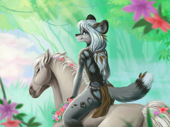 ambiguous_gender anthro bare_back black_body black_fur black_nose blue_eyes day detailed_background duo female feral flower forest fur grey_body grey_fur hair outside plant riding smile straddling tree unimpressed white_body white_hair little.sparrow enya_(littlemutt) african_wild_dog canid canine canis domestic_dog equid equine horse mammal 4:3 traditional_media_(artwork)