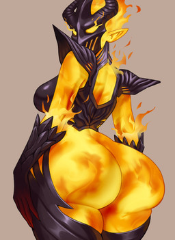 4_fingers armor backless_clothing bald big_breasts big_butt biped black_armor black_clothing black_gloves black_handwear black_legwear black_mask black_shoulder_pads black_thigh_highs black_topwear bottomless bottomless_female bottomless_humanoid breasts bubble_butt butt clothed clothing empty_eyes female fingers fire glistening glistening_clothing glistening_topwear gloves hand_on_leg hand_on_own_leg hand_on_own_thigh hand_on_thigh handwear head_turned horned_mask huge_butt huge_hips humanoid_pointy_ears legs_together legwear looking_at_viewer looking_back looking_back_at_viewer mask monotone_background not_furry orange_body orange_ears pointy_ears shoulder_pads simple_background small_waist solo standing tan_background thick_thighs thigh_highs three-quarter_view topwear wide_hips idler_r microsoft the_elder_scrolls atronach elemental_creature elemental_humanoid fire_creature fire_humanoid flame_atronach humanoid 2025 digital_drawing_(artwork) digital_media_(artwork) hi_res portrait three-quarter_portrait
