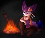 anthro bone bonfire bow_ribbon chest_tuft coiled_sword dipstick_tail femboy fire fur male markings purple_body purple_fur resting solo tail tail_markings tuft freeze-pop88 dark_souls fromsoftware nintendo pokemon nino_(character) braixen canid canine fennec_fox fox generation_6_pokemon mammal pokemon_(species) shiny_pokemon true_fox hi_res