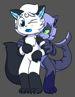 anthro bite blush duo male male/male paws standing tail young young_anthro young_male milowo aquatic felid feline fish mammal shark hi_res