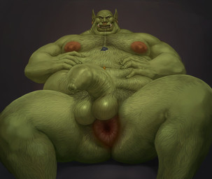 anus balls bodily_fluids body_hair drooling foreskin genitals green_body hair humanoid_genitalia humanoid_penis long_foreskin looking_at_viewer male moobs nipples nude overweight overweight_humanoid overweight_male penis piercing pubes saliva saliva_string sitting solo sweat unretracted_foreskin dagapuff humanoid orc