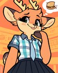 anthro antlers blep blush bottomwear burger clothed clothing dipstick_ears ear_markings eyebrows eyelashes female female_anthro food freckled_face freckles green_eyes hooves horn multicolored_ears necktie pattern_clothing pattern_shirt pattern_topwear plaid plaid_clothing plaid_shirt plaid_topwear scut_tail shirt short_tail skirt solo tail tongue tongue_out topwear jayrnski maple_(jayrnski) deer mammal new_world_deer reindeer 2024 hi_res pictographics nonbinary_(lore)