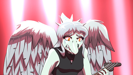 anthro bass_guitar biped black_clothing black_topwear blue_body bodily_fluids bone bone_frill breasts clenched_teeth clothed clothed_anthro clothed_female clothing collar feathered_wings feathers female fingers frill_(anatomy) front_view glistening glistening_body grey_body grey_feathers grey_hair guitar hair holding_guitar holding_musical_instrument holding_object humanoid_hands jewelry long_hair markings medium_breasts musical_instrument necklace nervous non-mammal_breasts orange_eyes plucked_string_instrument scared skull solo spiked_collar spikes string_instrument striped_markings stripes sweat sweatdrop teeth topwear wings fuegosonic93 goodbye_volcano_high ko_op_(game_developer) fang_(gvh) prehistoric_species pterosaur reptile scalie 16:9 colored hi_res widescreen