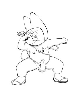 anthro asian_clothing chest_tuft clothed clothing east_asian_clothing footwear fundoshi fundoshi_only holding_object holding_weapon hood japanese_clothing katana looking_at_viewer male melee_weapon nipples pose pubes pubes_exposed sandals shoes smug smug_face socks socks_with_sandals solo sword topless tuft underwear underwear_only weapon whiskers anonymous_artist dragon_ball shu_(dragon_ball) canid canine canis domestic_dog mammal shiba_inu spitz absurd_res hi_res monochrome