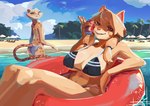 anthro beach beach_chair beach_umbrella beverage beverage_can big_breasts bikini black_nose bottomwear breasts brown_eyes butt cheek_tuft cleavage clothed clothing container detailed_background duo facial_tuft female female_anthro fingers fur hair holding_beverage holding_object inflatable inner_tube logo looking_at_viewer looking_back midriff open_mouth outside palm_tree parasol partially_submerged paws plant pool_toy rear_view red_eyes sand seaside sitting sky smile spots submerged_legs swim_ring swimwear tail topwear tree tuft two-piece_swimsuit water el-k akino_(el-k) frankie_(extremedash) avian bird cheetah felid feline mammal 2023 artist_logo artist_name digital_media_(artwork) digital_painting_(artwork) hi_res