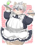 anthro blush brown_body brown_fur cake clothed clothing crossdressing dessert food fur hair heterochromia maid_apron maid_uniform male obese obese_male overweight overweight_male serving_tray solo uniform white_hair young one_oneyyy lifewonders tokyo_afterschool_summoners masashi_(tas) canid canine canis domestic_dog mammal absurd_res hi_res