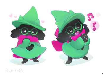 black_body black_fur clothing eyes_closed eyewear fur glasses hat headgear headwear heart_symbol long_ears musical_note musical_symbol scarf simple_background singing solo symbol white_background ava-riel deltarune undertale_(series) ralsei bovid caprine darkner goat mammal