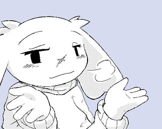 4_fingers anthro black_eyes blush blush_stickers breath closed_smile clothing eyebrows eyelashes facial_scar female fingers floppy_ears fur gesture half-closed_eyes looking_at_viewer mouth_closed narrowed_eyes scar shrug smile smug_face solo sweater three-quarter_view topwear white_body white_fur x_scar nameofthedj cave_story sue_sakamoto wojak lagomorph mammal mimiga 2025 greyscale half-length_portrait meme monochrome portrait shaded