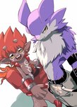 anthro belt bottomwear chest_tuft clothed clothing duo ear_piercing ear_ring fur grey_body grey_fur hair horn male pants piercing red_hair ring_piercing topless tuft yellow_eyes takedaconomi2 bandai_namco digimon digimon_(species) flamemon strabimon hi_res