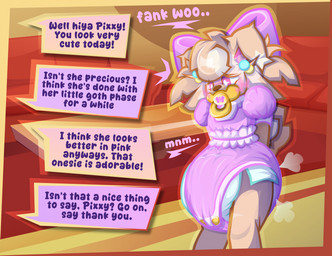 accessory anthro big_diaper blush bow_ribbon clothing diaper embarrassed female hair_accessory hair_bow hair_ribbon humiliation object_in_mouth onesie pacifier pacifier_in_mouth ribbons solo speech_bubble text pixxystick canid canine mammal mixed_breed pomsky absurd_res english_text hi_res