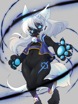 3_toes 4_fingers accessory alternate_form animal_ears anklet anthro aura black_body black_fur black_sclera blue_claws blue_clothing blue_eyes blue_markings blue_nose blue_pawpads blue_topwear blue_vest bottomless claws clothed clothing digitigrade fantasy feet female fingers fluffy fluffy_ears fluffy_tail fur grey_background hair hair_accessory jewelry kemono leg_markings levitation long_hair markings navel pawpads paws pupils simple_background slit_pupils solo tail thigh_markings toes topwear vest white_hair young toba_hiyoko ookami_hime_monogatari alice_(ookami_hime_monogatari) ambiguous_species mammal 3:4 full-length_portrait hi_res portrait