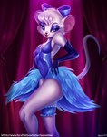 anthro armwear blue_clothing blue_eyes burlesque clothing dancer_outfit female fur pose seductive showgirl solo text tight_clothing white_body white_fur burumisu disney the_great_mouse_detective miss_kitty_mouse mammal mouse murid murine rodent hi_res pinup url