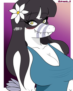 accessory anthro big_breasts biped black_body black_hair black_scales blue_clothing blue_dress breasts clothed clothed_anthro clothed_female clothing dress elbow_feathers eyebrow_through_hair eyebrows facial_markings feathers female flower flower_in_hair gradient_background grey_body grey_feathers grey_scales hair hair_accessory head_markings long_hair markings mask_(marking) non-mammal_breasts plant scales sharp_teeth simple_background smile snaggle_tooth solo striped_markings stripes teeth text translucent translucent_hair white_body white_scales yellow_eyes arsenic_iii cavemanon_studios i_wani_hug_that_gator lunara_(iwhtg) bambiraptor dinosaur dromaeosaurid prehistoric_species reptile saurischian scalie theropod 4:5 artist_name bust_portrait colored hi_res portrait