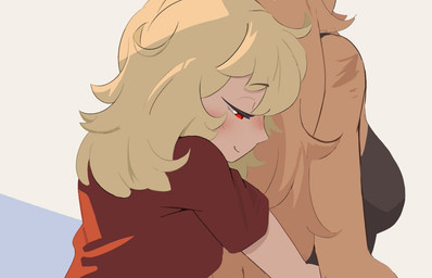anthro blonde_hair blush breasts camisole clothing duo female female/female hair half-closed_eyes happy hug hugging_another hugging_from_behind multicolored_body narrowed_eyes red_eyes side_boob size_difference smile two_tone_body wavy_hair mangedugruau mihoyo zenless_zone_zero burnice_white pulchra_fellini felid human humanoid mammal
