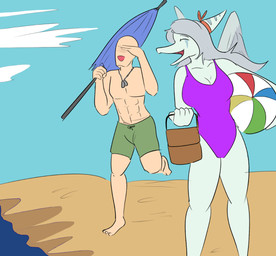5_fingers abs anthro ball beach beach_ball beach_umbrella blue_sky bone_frill breasts canon_couple clothing cooler day dog_tags duo eyes_closed feathered_wings feathers female fingers frill_(anatomy) green_clothing green_swimming_trunks green_swimwear grey_body grey_hair grey_scales hair human_on_anthro inflatable interspecies light-skinned_male light_body light_skin long_hair male muscular muscular_human muscular_male one-piece_swimsuit open_mouth open_smile outside parasol pecs purple_one-piece_swimsuit scales sea seaside sky smile snout swimming_trunks swimwear water wings arsenic_iii third-party_edit cavemanon_studios goodbye_volcano_high ko_op_(game_developer) snoot_game anon_(snoot_game) fang_(gvh) human mammal prehistoric_species pterosaur reptile scalie 2025 digital_drawing_(artwork) digital_media_(artwork)