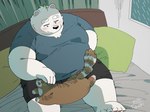 anthro bed belly big_belly blush bottomwear clothing duo feral furniture inside kemono male overweight overweight_male pillow shirt shorts sitting topwear white_body uokkom bear domestic_cat felid feline felis mammal 2023 hi_res