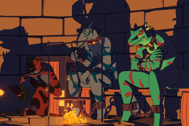 anthro barefoot barrel bench blue_body blue_eyes bound brick_wall chain chained claws collar cookware crate crossed_arms cuff_(restraint) cut_horn feet fire firepit fireplace forced_labor frying_pan green_eyes grey_body group horn kitchen_utensils lock male markings metal_collar nude nude_anthro nude_male on_bench padlock padlocked_collar red_body red_eyes red_markings restraints servitude shackles sitting sitting_on_bench sitting_on_ground slave submissive submissive_anthro submissive_male tail talking_to_another teal_markings teeth tools wall_(structure) mitokep onase lizard reptile scalie 2025 3:2 3d_(artwork) blender_(artwork) cel_shading digital_media_(artwork) shaded