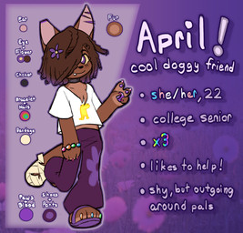 anthro bandage blush bottomwear bracelet chest_tuft choker clothed clothing colored_nails curly_hair description ear_scar feet female flip_flops flower footwear gesture hair hand_gesture highlights_(coloring) jewelry multicolored_hair multicolored_nails nails necklace notched_ear one_eye_obstructed pants pawpads pink_nails plant purple_eyes purple_pawpads sandals scar shirt shoes solo teeth text topwear tuft v_sign walking marpystar homestuck ms_paint_adventures april_(marpystar) canid canine canis consort_(homestuck) domestic_dog mammal salamander_(homestuck) english_text hi_res model_sheet trans_(lore)