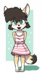 anthro brown_hair clothed clothing dress female footprint freckles fur green_eyes hair inner_ear_fluff looking_at_viewer open_mouth pawprint pigtails shirt simple_background smile solo standing topwear tuft young young_anthro aggie_(artist) kaelie canid canine fennec_fox fox mammal true_fox 2018 digital_media_(artwork) hi_res