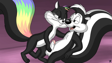 3_toes 4_fingers anthro balls barefoot black_body black_fur duo erection eye_contact feet female fingers fur genitals hair half-closed_eyes hand_on_penis humanoid_genitalia humanoid_penis interspecies looking_at_another lying male male/female narrowed_eyes nude on_back open_mouth penis simple_background smile tail toes white_body omatic looney_tunes warner_brothers penelope_pussycat pepe_le_pew domestic_cat felid feline felis mammal mephitid skunk striped_skunk 16:9 digital_media_(artwork) hi_res widescreen