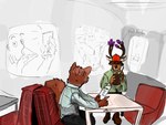 anthro antlers clothed clothing duo eye_contact holding_object horn looking_at_another male menu muscular ordering_food pool_noodle restaurant sitting wearing_hat olimis canid canine deer human mammal hi_res