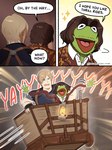 anthro blonde_hair brown_hair duo flailing green_body hair humor male minecart text yummyicedlatte capcom muppets resident_evil kermit_the_frog leon_kennedy amphibian frog human mammal muppet comic english_text hi_res