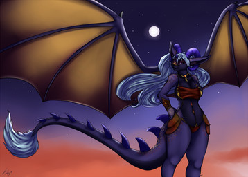 anthro big_ears big_hair big_wings bikini breasts cleavage clothed clothing cloud curvy_figure female fluffy fluffy_tail full_moon fur hair horn hourglass_figure light long_hair long_tail looking_at_viewer medium_breasts membrane_(anatomy) membranous_wings moon night pose shadow skimpy sky small_waist smile solo spikes spread_wings standing star starry_sky sunset swimwear tail tail_aside tail_tuft thick_tail thick_thighs tuft two-piece_swimsuit wavy_hair white_hair wide_hips wings firetally mythology dragon felid furred_dragon furred_scalie hybrid mammal mythological_creature mythological_scalie scalie signature