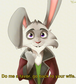 anthro clothed clothing dialogue fur looking_at_viewer male pink_eyes simple_background smile solo text white_body bani_mac chickenhare_and_the_hamster_of_darkness n_wave_pictures netflix lapin_(chickenhare) hare lagomorph leporid mammal 2022 digital_media_(artwork) english_text
