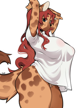 anthro big_breasts bottomless breasts clothed clothing crotch_tuft female fur hair long_hair looking_at_viewer nipple_outline orange_body orange_fur oversized_clothing raised_arms red_hair shirt side_view solo spots t-shirt tail thick_thighs topwear topwear_only translucent translucent_clothing tuft white_back rinkae kejah hyena mammal 2025 digital_media_(artwork) hi_res