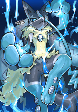 ambiguous_gender anthro aura black_body black_ears black_fur black_tail blue_body blue_eyes blue_fur fighting_pose fur fur_markings grey_body grey_fur markings metal pose solo tail yellow_body yellow_fur u-naduki nintendo pokemon pokemon_legends_z-a canid canine generation_9_pokemon mammal mega_evolution mega_lucario_z pokemon_(species) hi_res