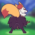 1:1 2015 anthro bent_over braixen butt canid canine female generation_6_pokemon genitals innie_pussy looking_at_viewer looking_back mammal nintendo nude pokemon pokemon_(species) presenting pussy red_eyes snowskau solo stick