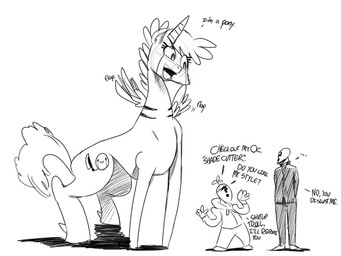 feathered_wings feathers female feral group horn humor male quadruped size_difference tail wings sunibee hasbro my_little_pony mythology anon fan_character equid equine mammal mythological_creature mythological_equine winged_unicorn 4:3 greyscale monochrome sketch